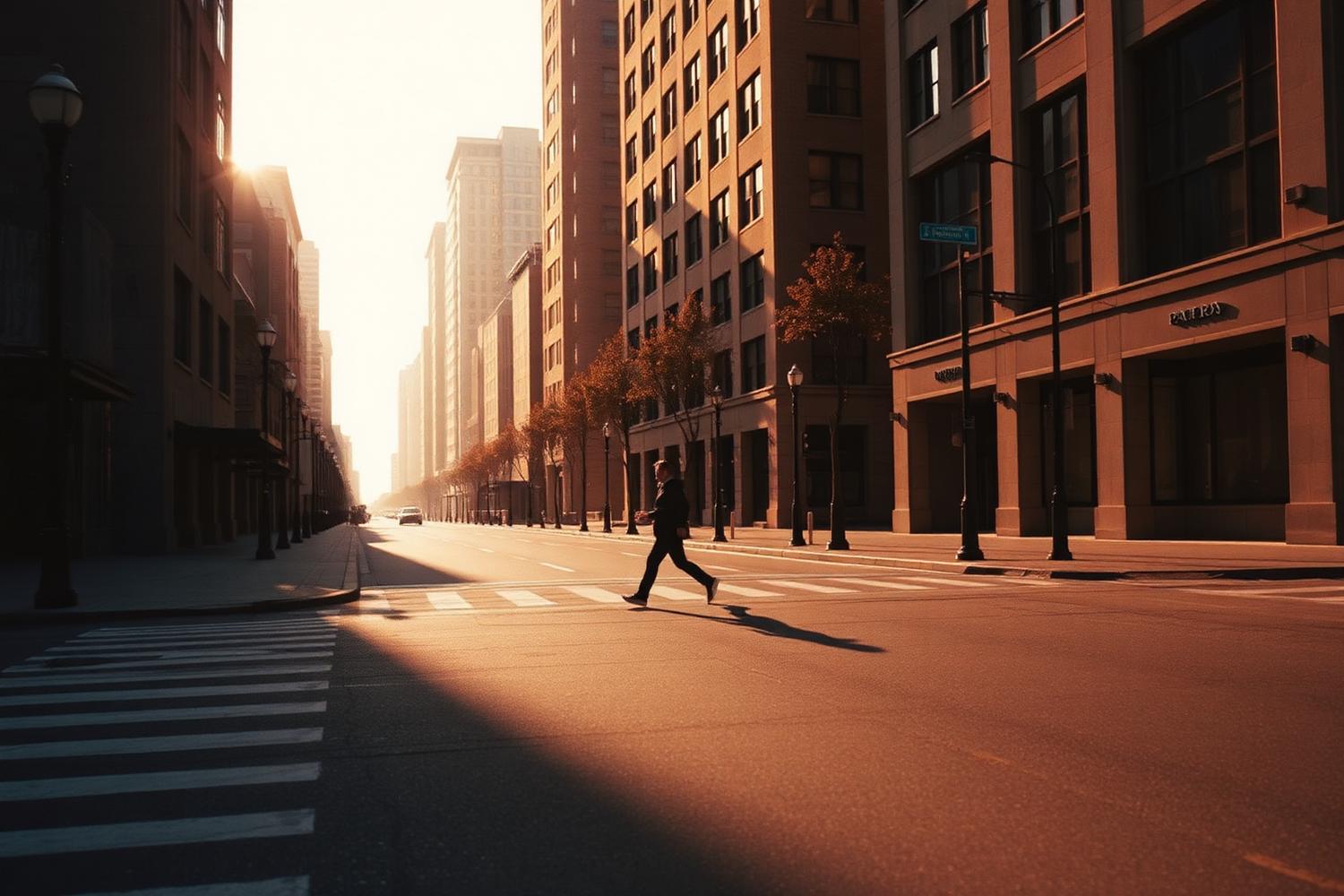 Lone figure crossing an empty city street in golden light